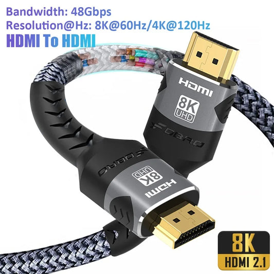 8K HDMI Cable 2.1 48Gbps High Speed HDMI Braided Cord-4K@120Hz 8K@60Hz, DTS:X, HDCP 2.2 & 2.3, HDR 10 for Compatible Laptop/PS5