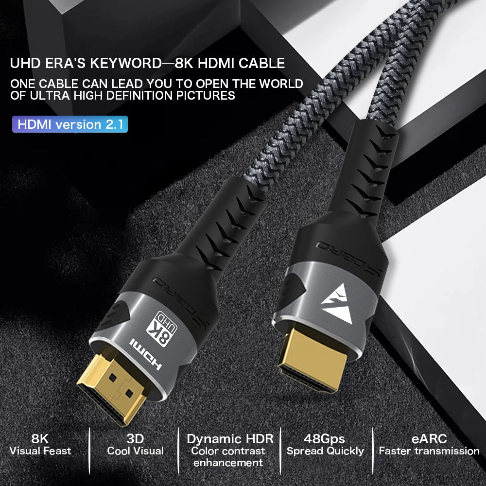 8K HDMI Cable 2.1 48Gbps High Speed HDMI Braided Cord-4K@120Hz 8K@60Hz, DTS:X, HDCP 2.2 & 2.3, HDR 10 for Compatible Laptop/PS5