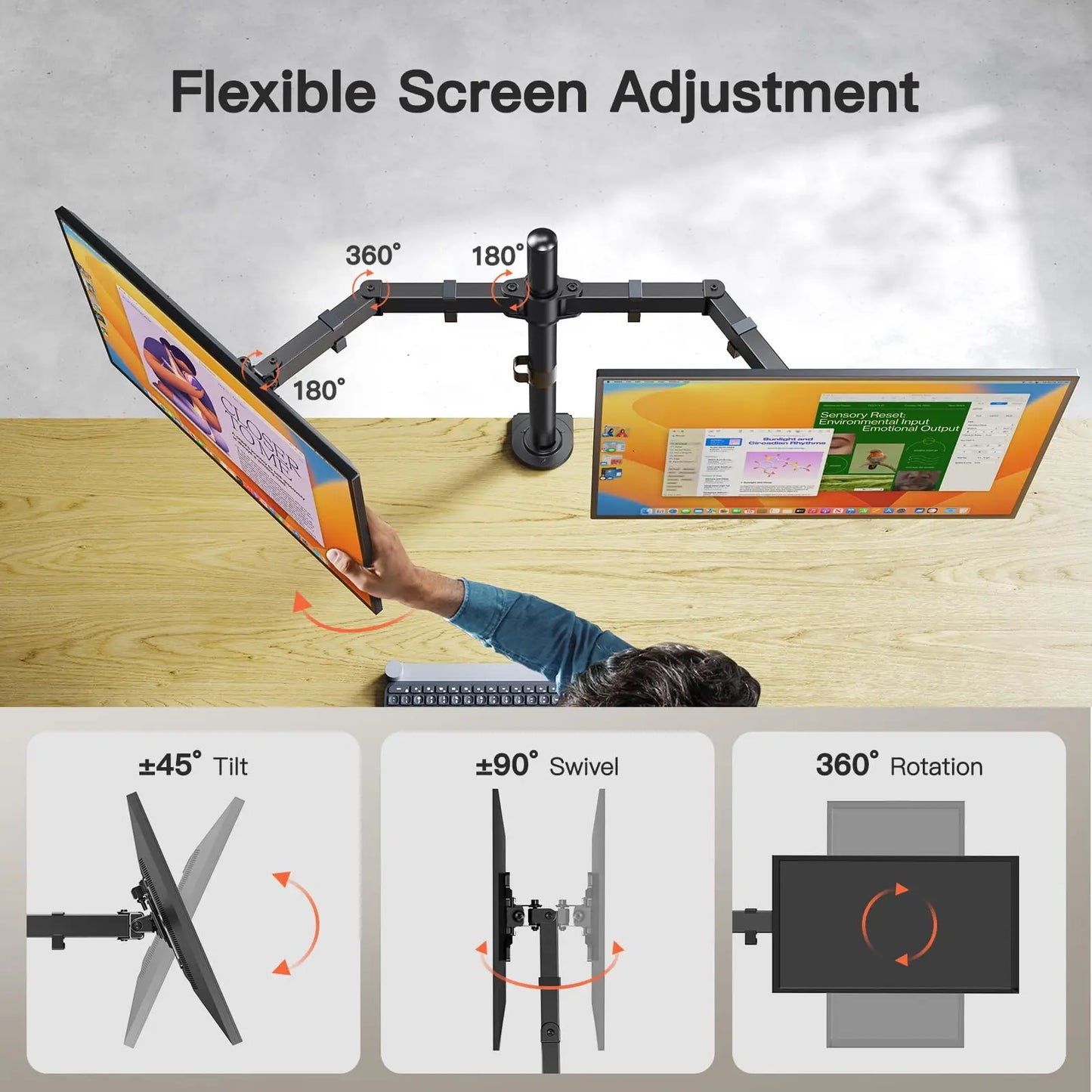 Monitor Desk Mount, Fully Adjustable Dual Monitor Arm for 2 Computer Screens up to 30 inches, Clamp Base Monitor Stand for Desk