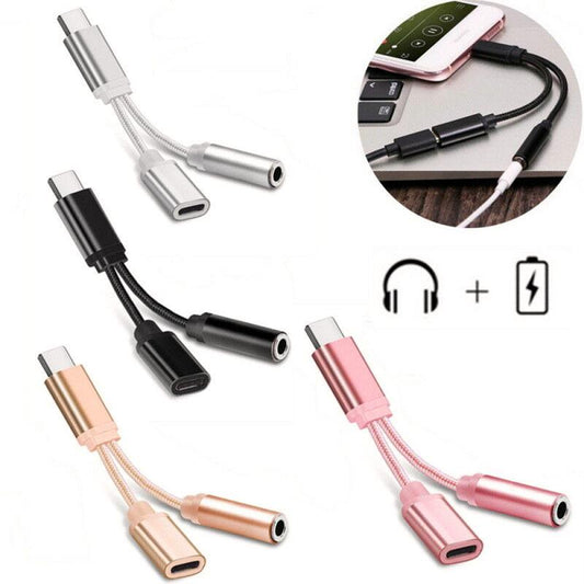 Braided Type C To 3.5 Mm Charger 2 In 1 Type C 3.5mm Aux Audio Charging Cable Adapter Splitter Headphone Jack For Smart Phone - Mobile Phone Adapters Converters