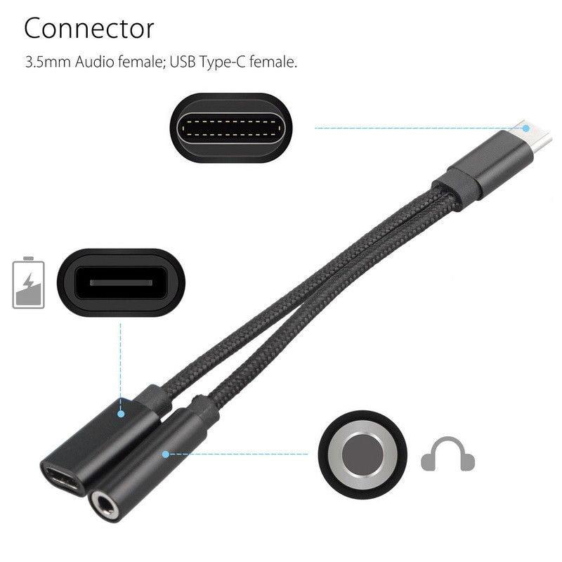 Braided Type C To 3.5 Mm Charger 2 In 1 Type C 3.5mm Aux Audio Charging Cable Adapter Splitter Headphone Jack For Smart Phone - Mobile Phone Adapters Converters