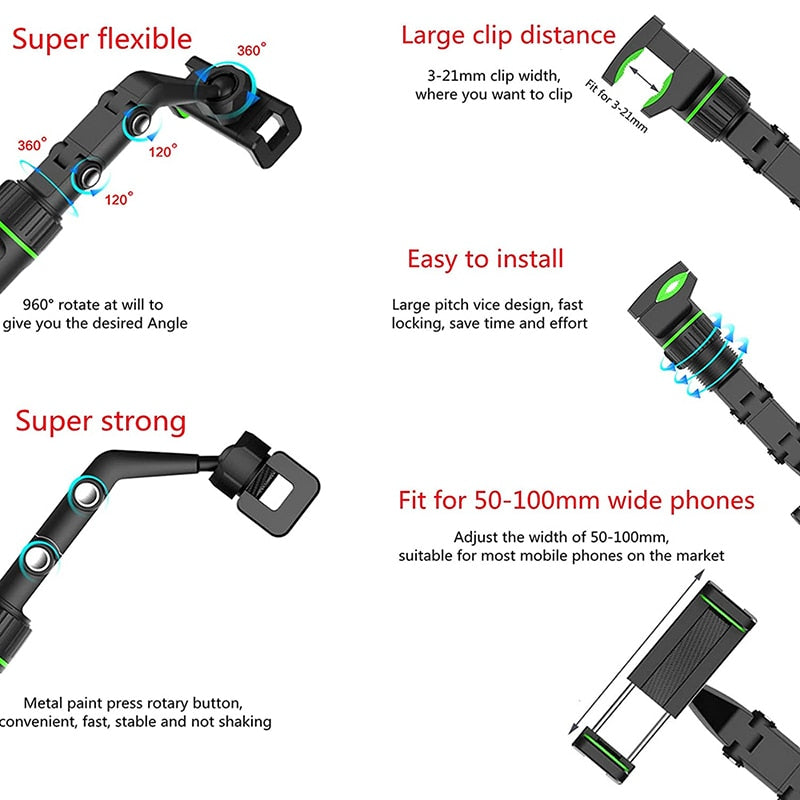 Car Phone Holder Multifunctional 360 Degree Rotatable Auto Rearview Mirror