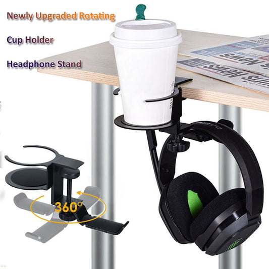 Multi-functional Aluminum Headphone Holder Portable Desk Clip with Rotating Cup Holder Desk Accessories