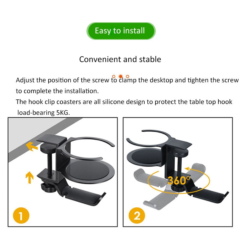 Multi-functional Aluminum Headphone Holder Portable Desk Clip with Rotating Cup Holder Desk Accessories