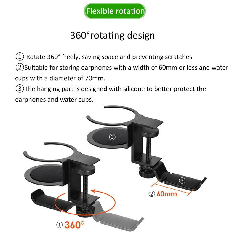 Multi-functional Aluminum Headphone Holder Portable Desk Clip with Rotating Cup Holder Desk Accessories