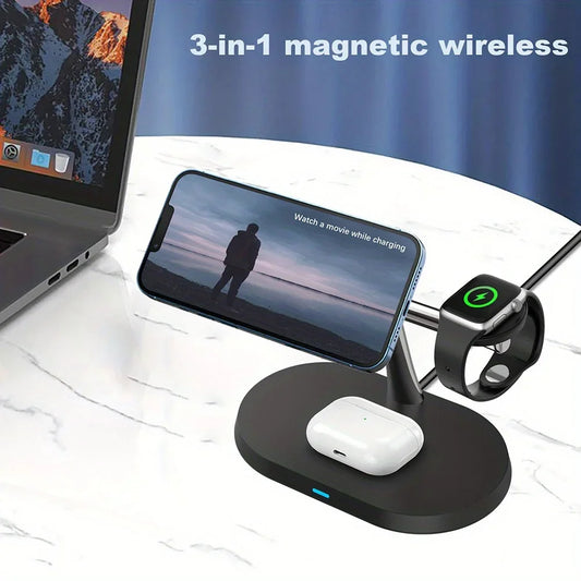 3 In 1 Fast Magnetic Wireless Charger Station 100W Macsafe Charging Stand For iPhone 15 14 13 12Pro Max Apple Watch Airprods Pro